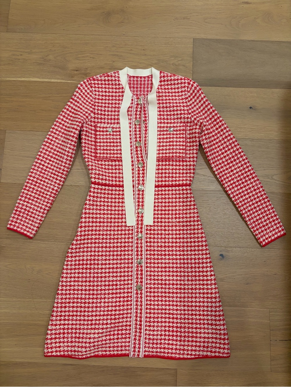 Sandro Red and White Houndstooth Knit Blazer Dress